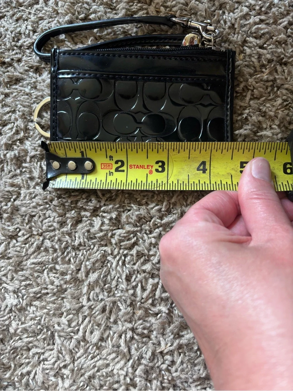 Coach Black Patent Logo Wristlet Card Case with Key Ring